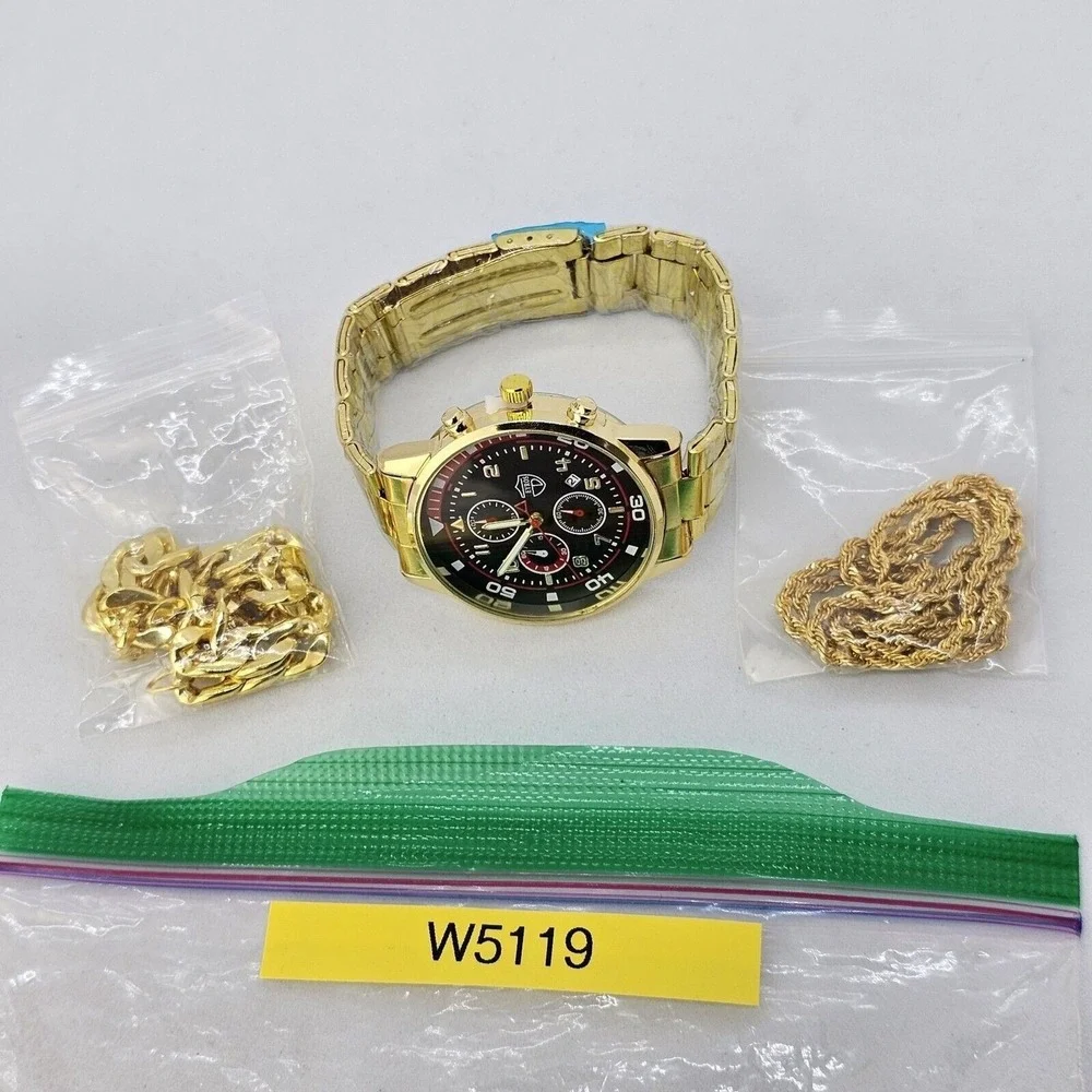 3PC Men's Watch Bracelet Necklace Set 41MM Black Dial Date Gold Bracelet Band 7